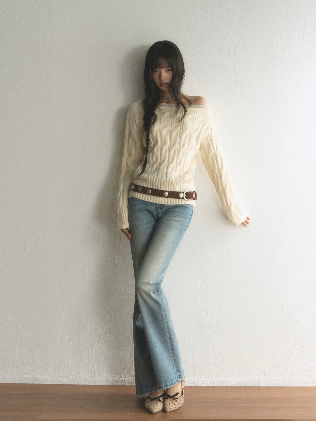 Twist-Knit Off-Shoulder Slouchy Sweater