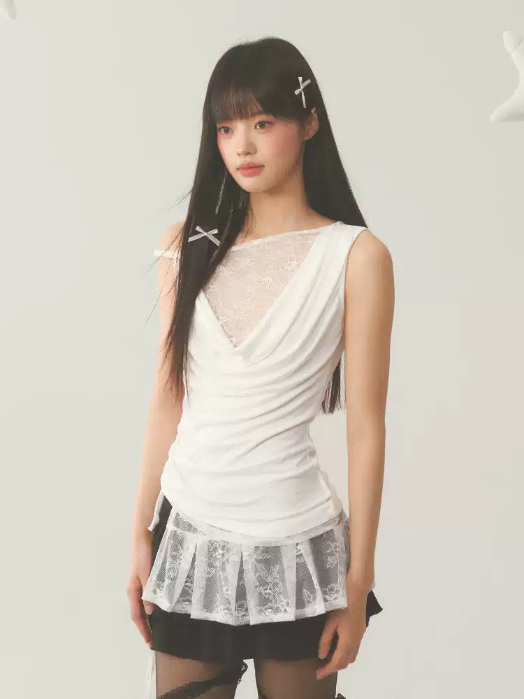 Asymmetric layered sleeveless lace top