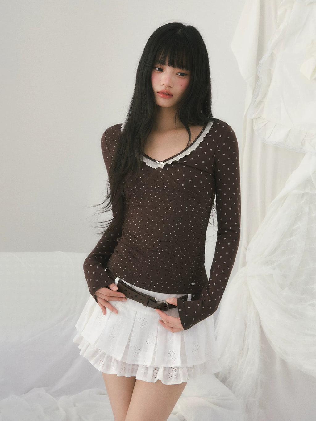 Brown v-neck lace polka dot long sleeve top