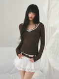 Brown v-neck lace polka dot long sleeve top