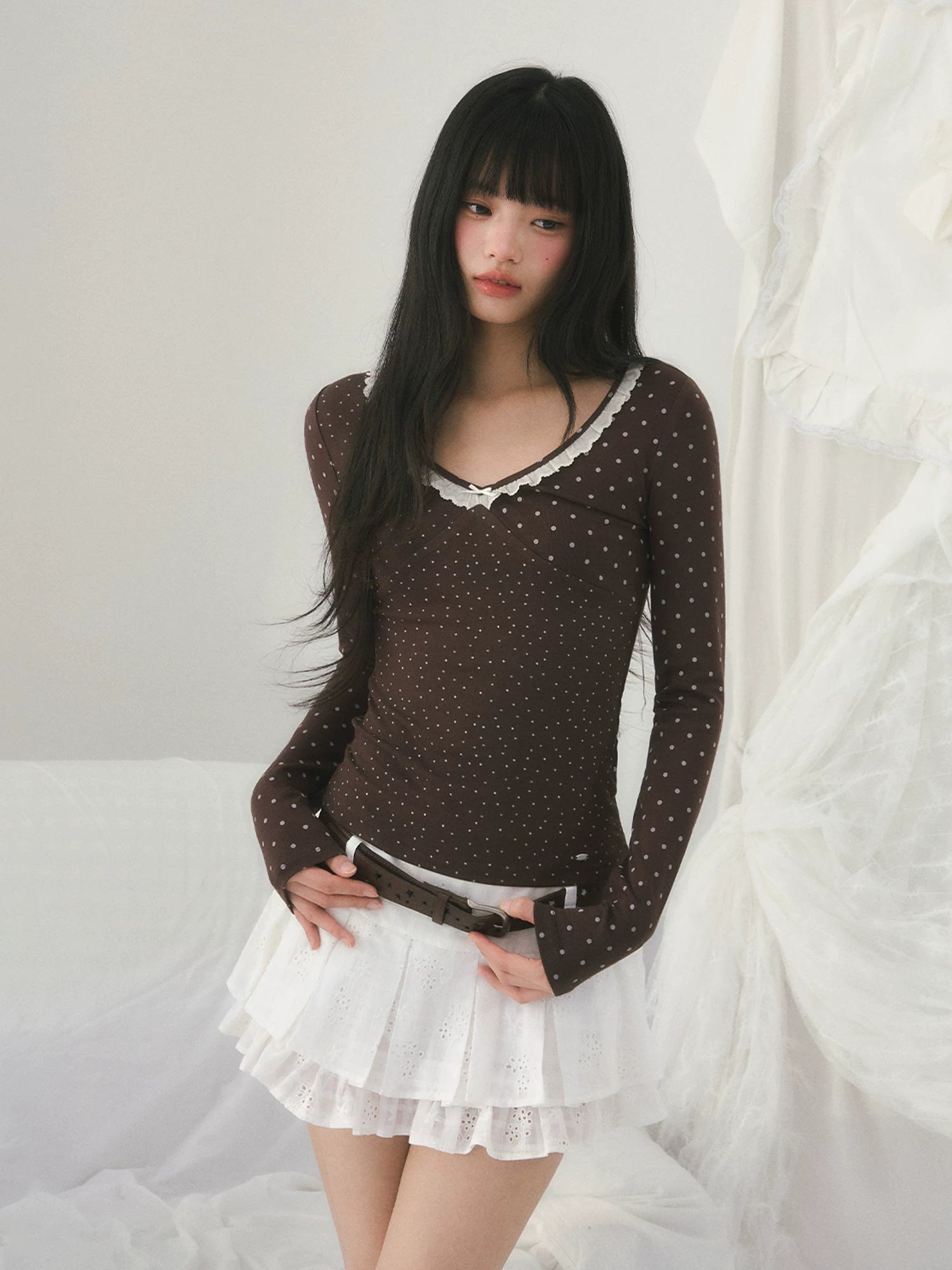 Brown v-neck lace polka dot long sleeve top