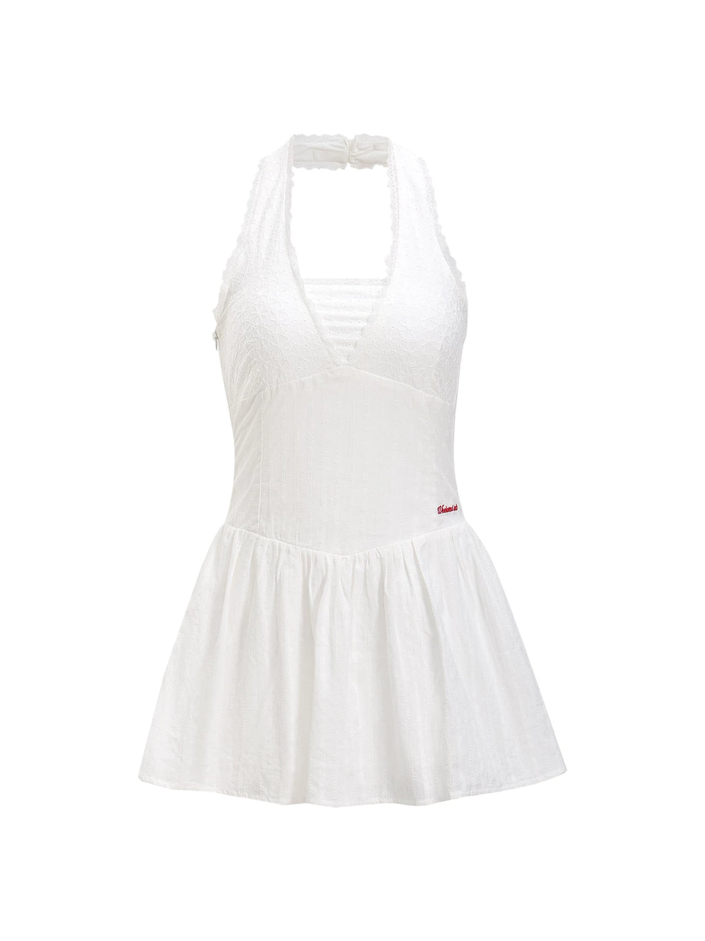 Embroidered White Halter Neck Dress