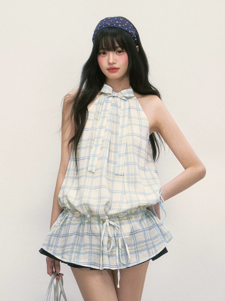French Style Plaid Halter Mini Dress