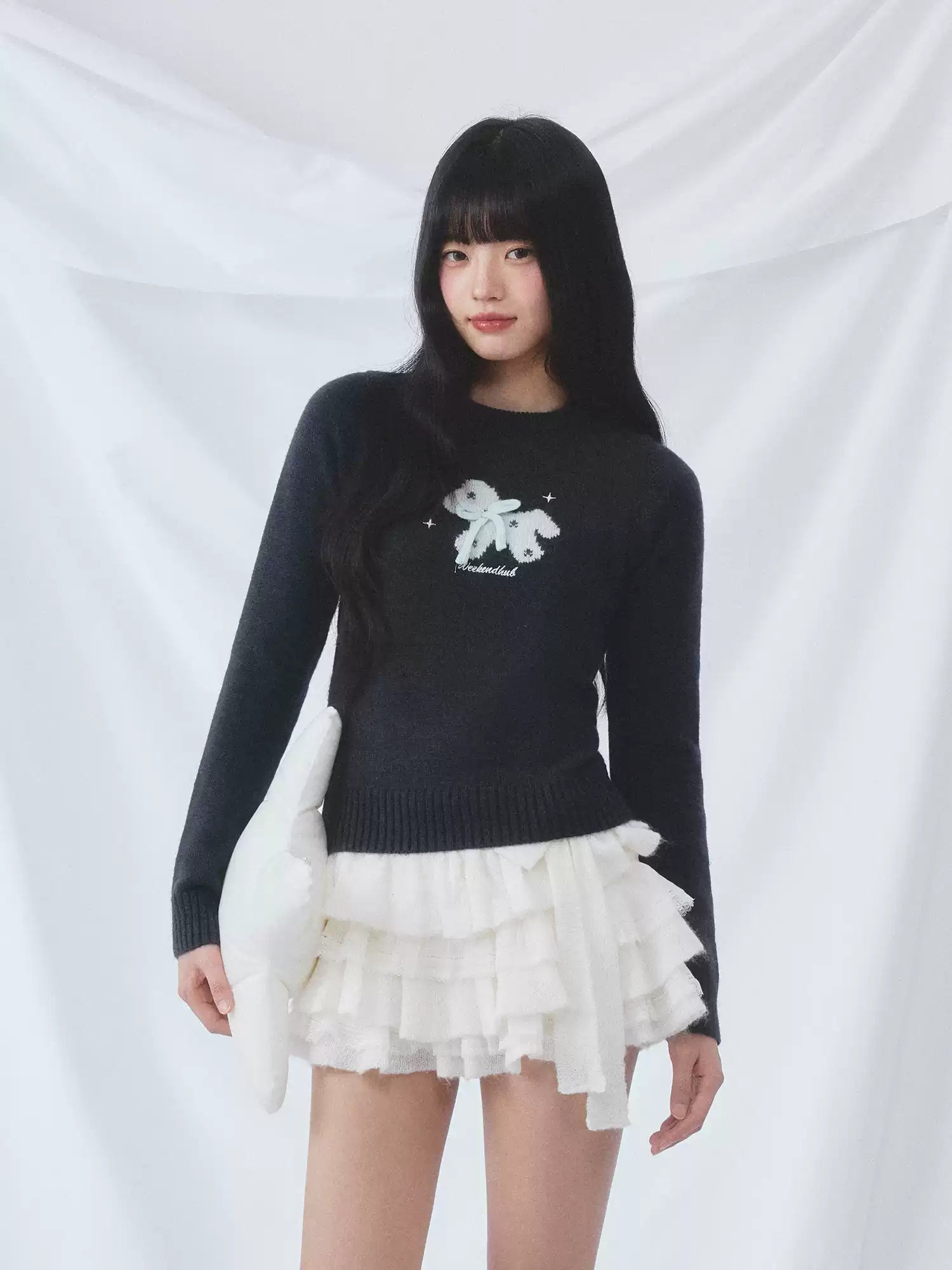 Bow detail horse jacquard knit top in navy blue