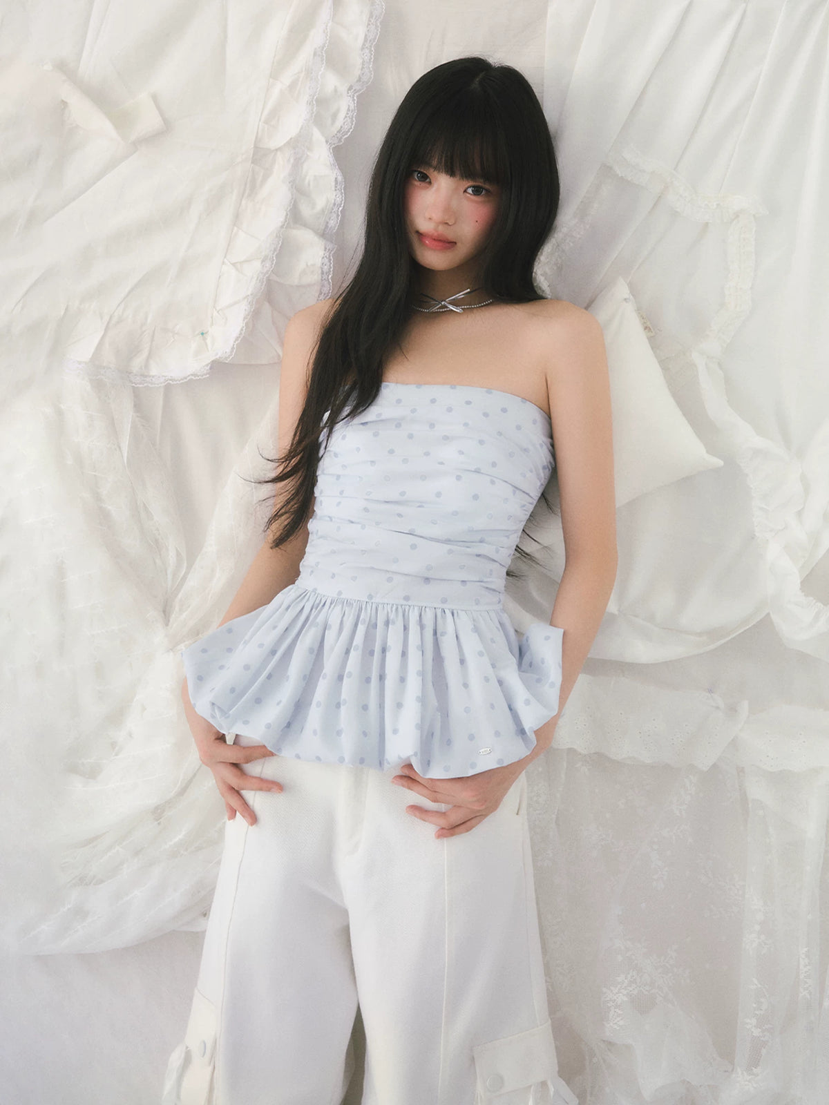 Blue Polka Dot Bubble Hem Strapless Tube Top