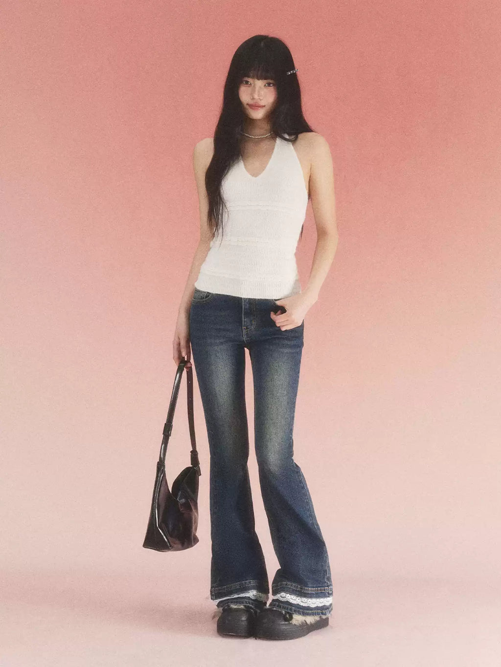 Textured V-neck halter knit camisole top