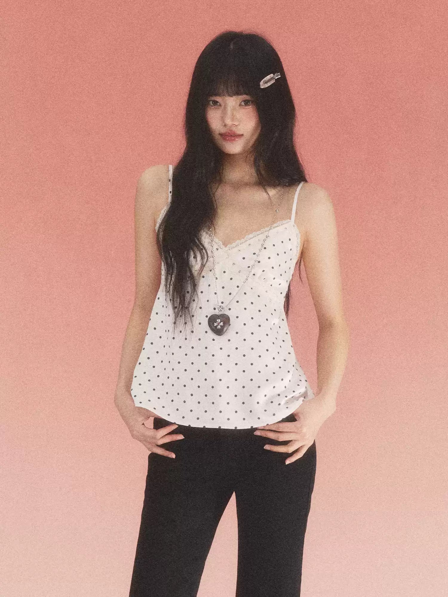 Lace trim polka dot camisole top