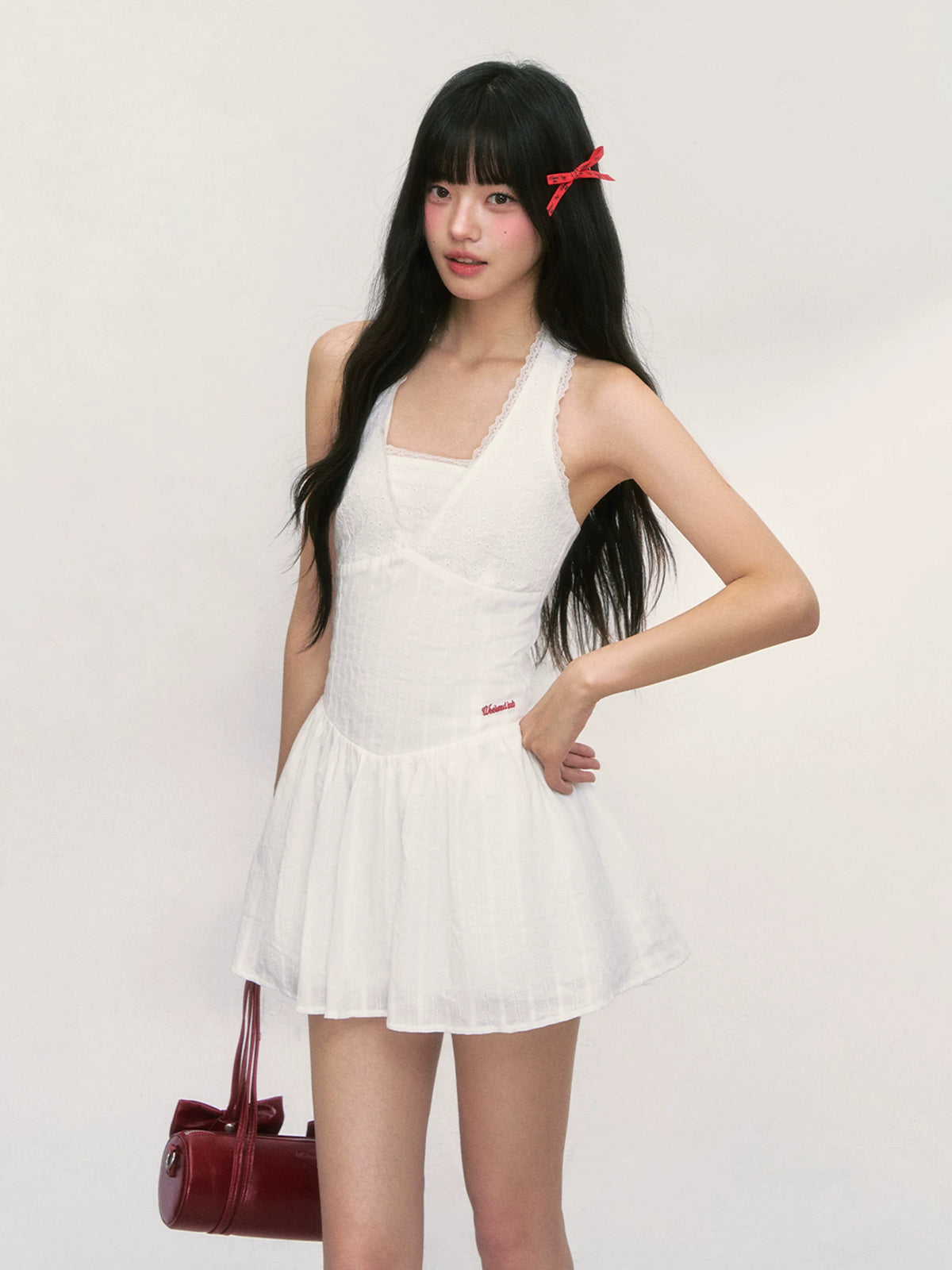 Embroidered White Halter Neck Dress