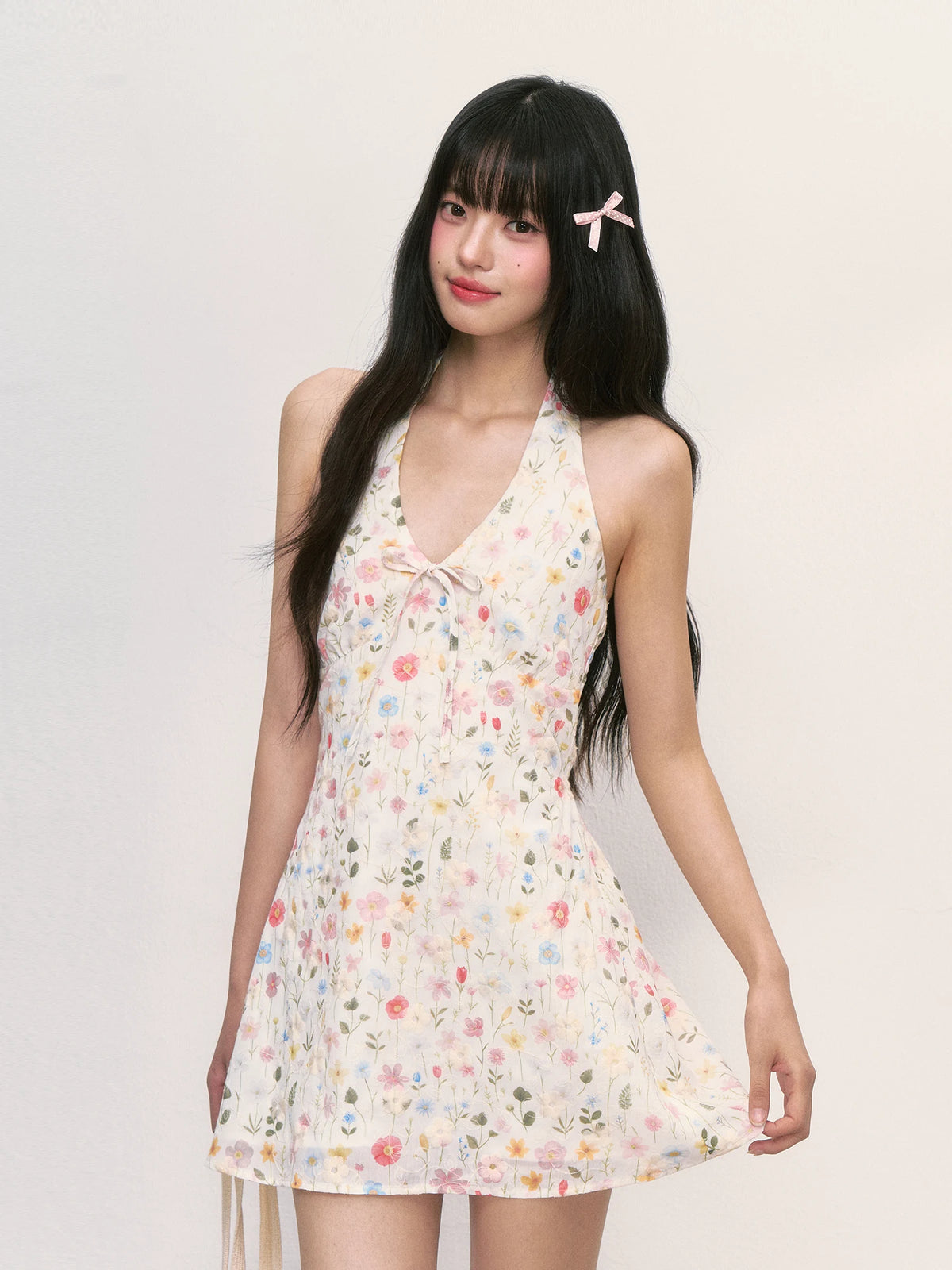 French Style Floral Halter Neck Mini Dress