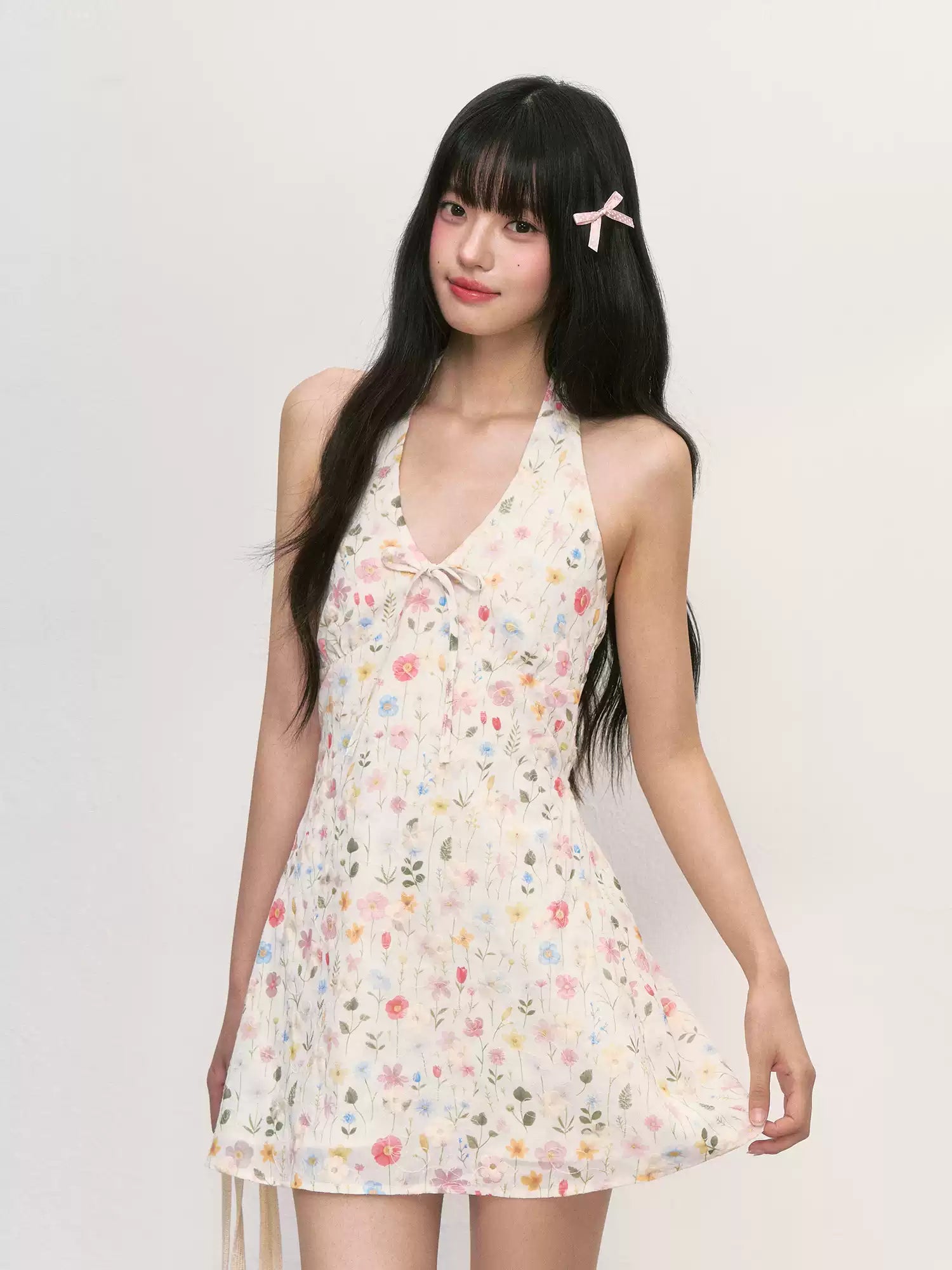 Floral print halter neck mini dress