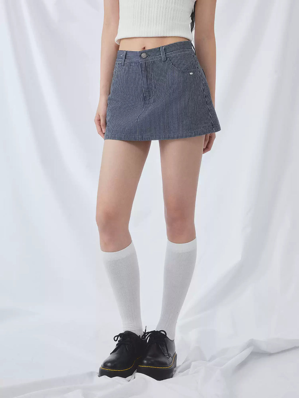 Vertical striped denim mini skirt