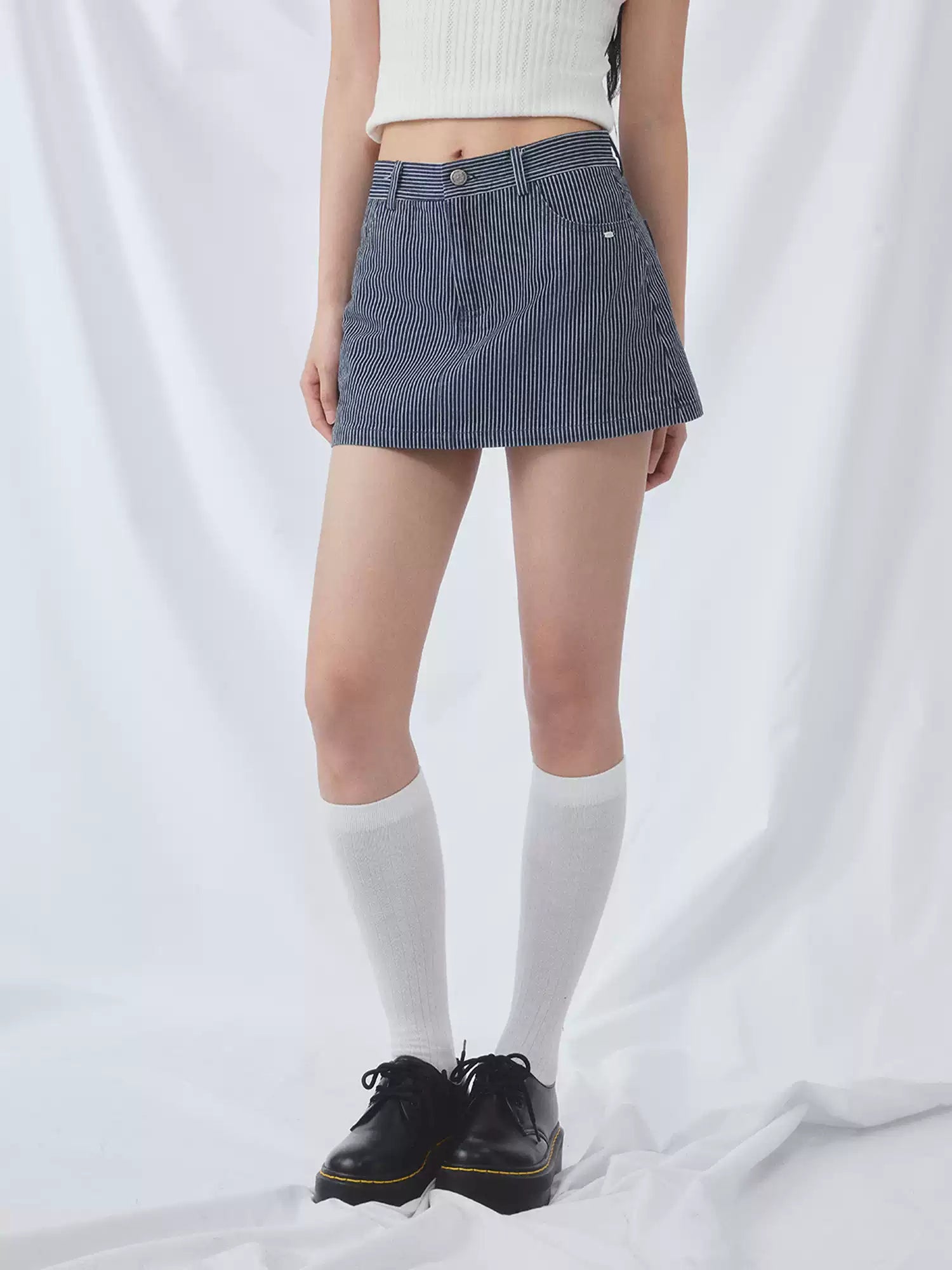 Vertical striped denim mini skirt