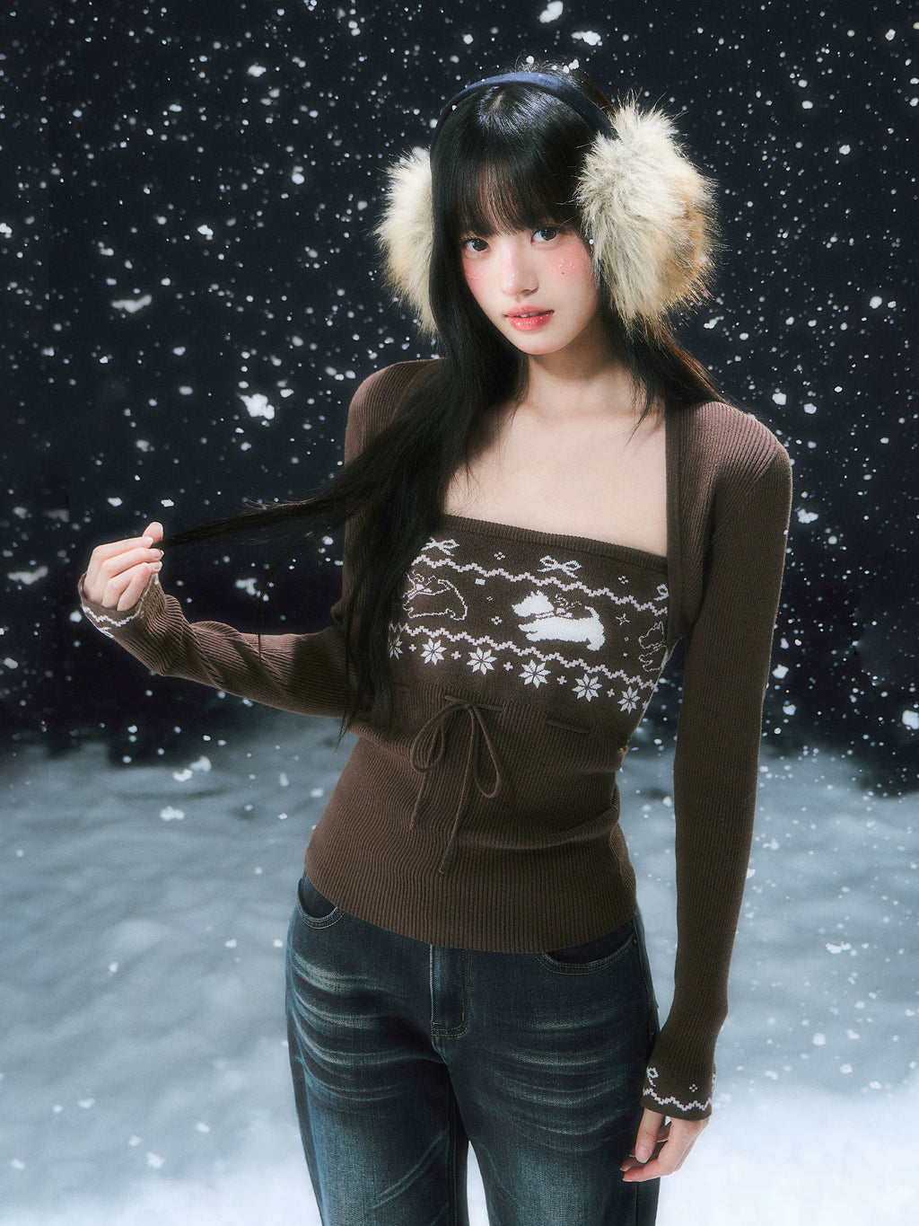 Coffee Fair Isle Knit Cardigan Set