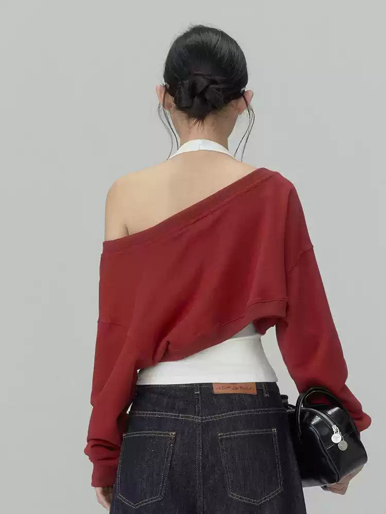 Red off-shoulder cropped faux two-piece sweatshirt