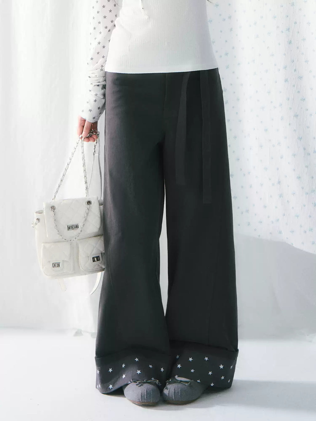Dark gray star detail wide-leg lace-up pants