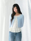 Blue floral ruffle faux two-piece long sleeve top