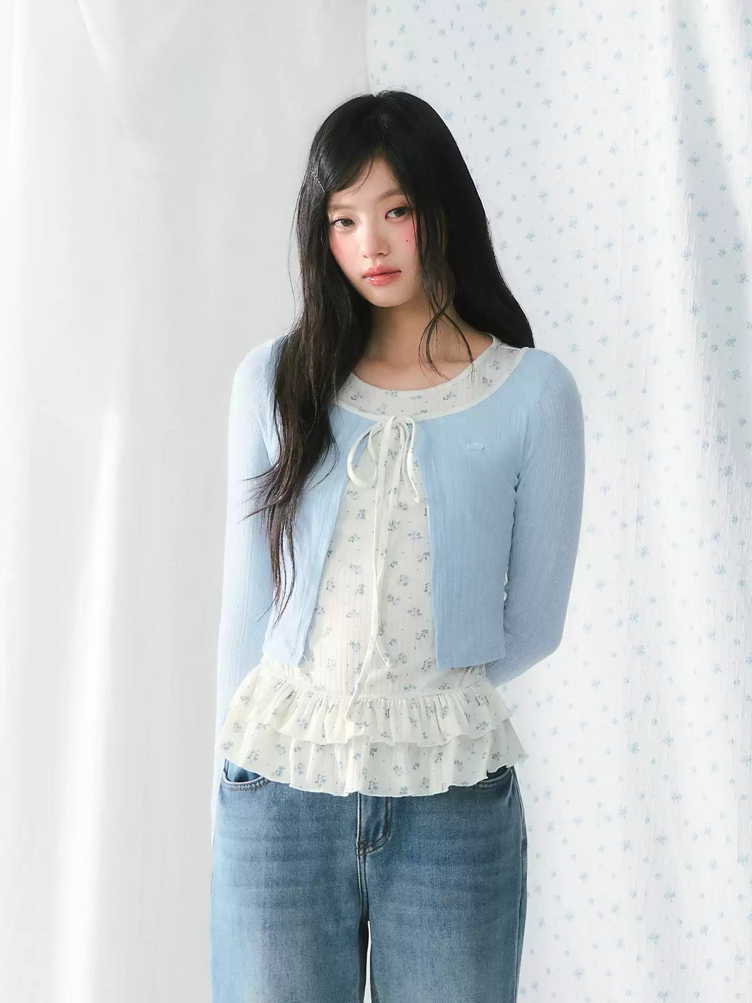 Blue floral ruffle faux two-piece long sleeve top