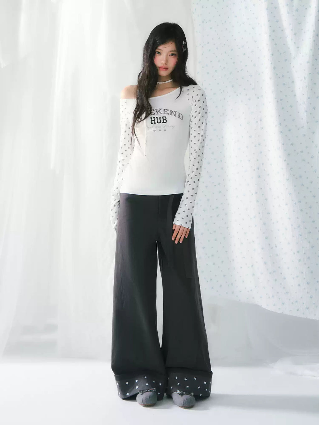 Dark gray star detail wide-leg lace-up pants