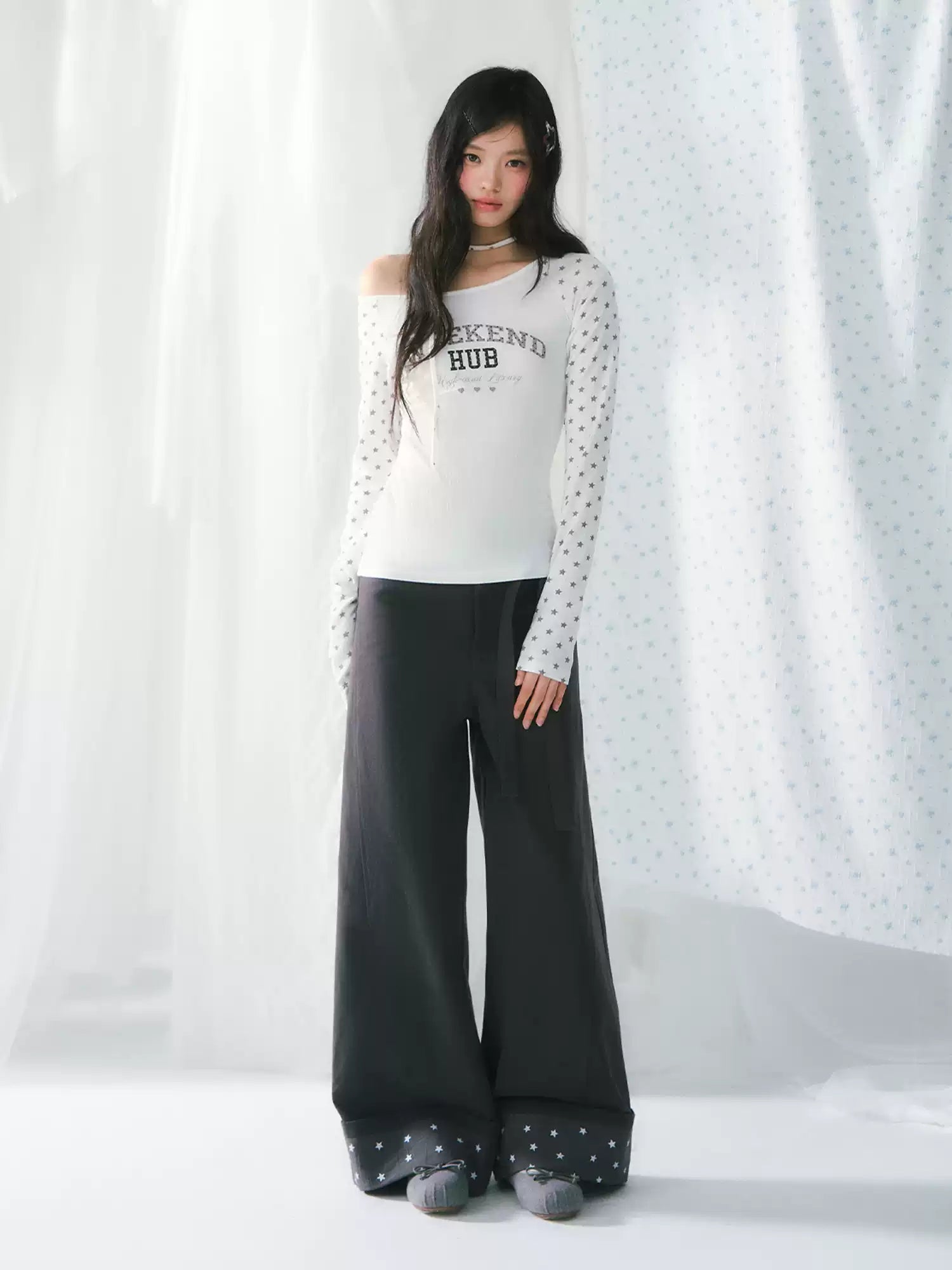 Dark gray star detail wide-leg lace-up pants