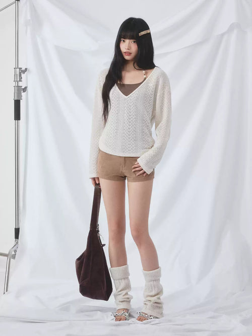 Beaded camisole and v-neck hollow knit set