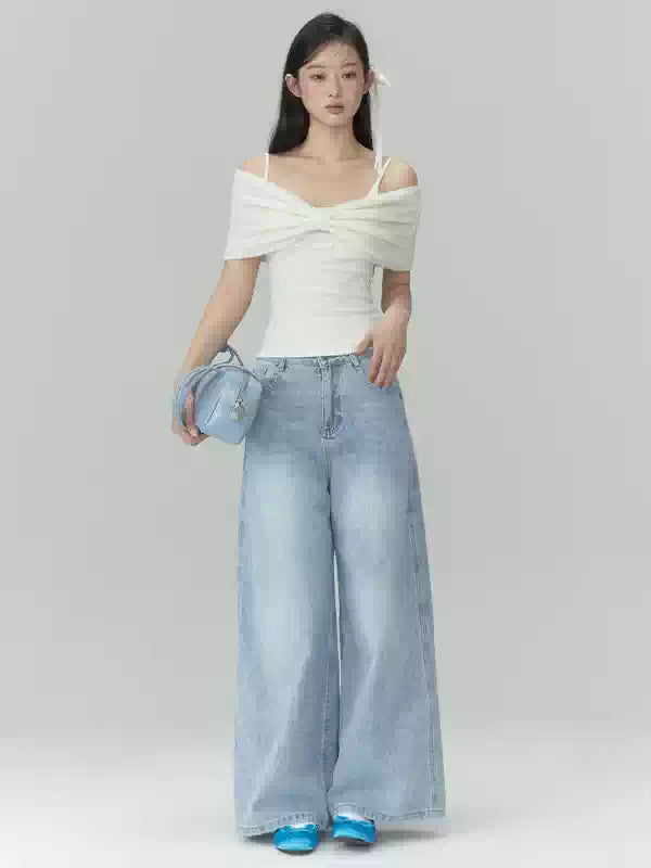 Apricot Off-Shoulder Bow Long Sleeve Top