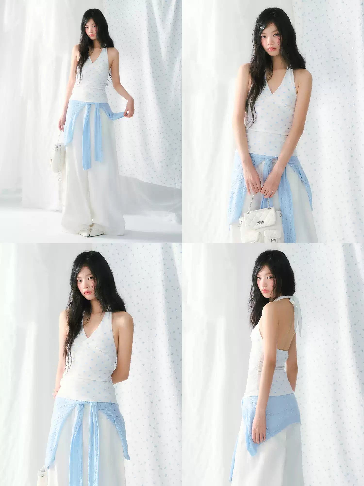 Retro white v-neck halter top with blue polka dot