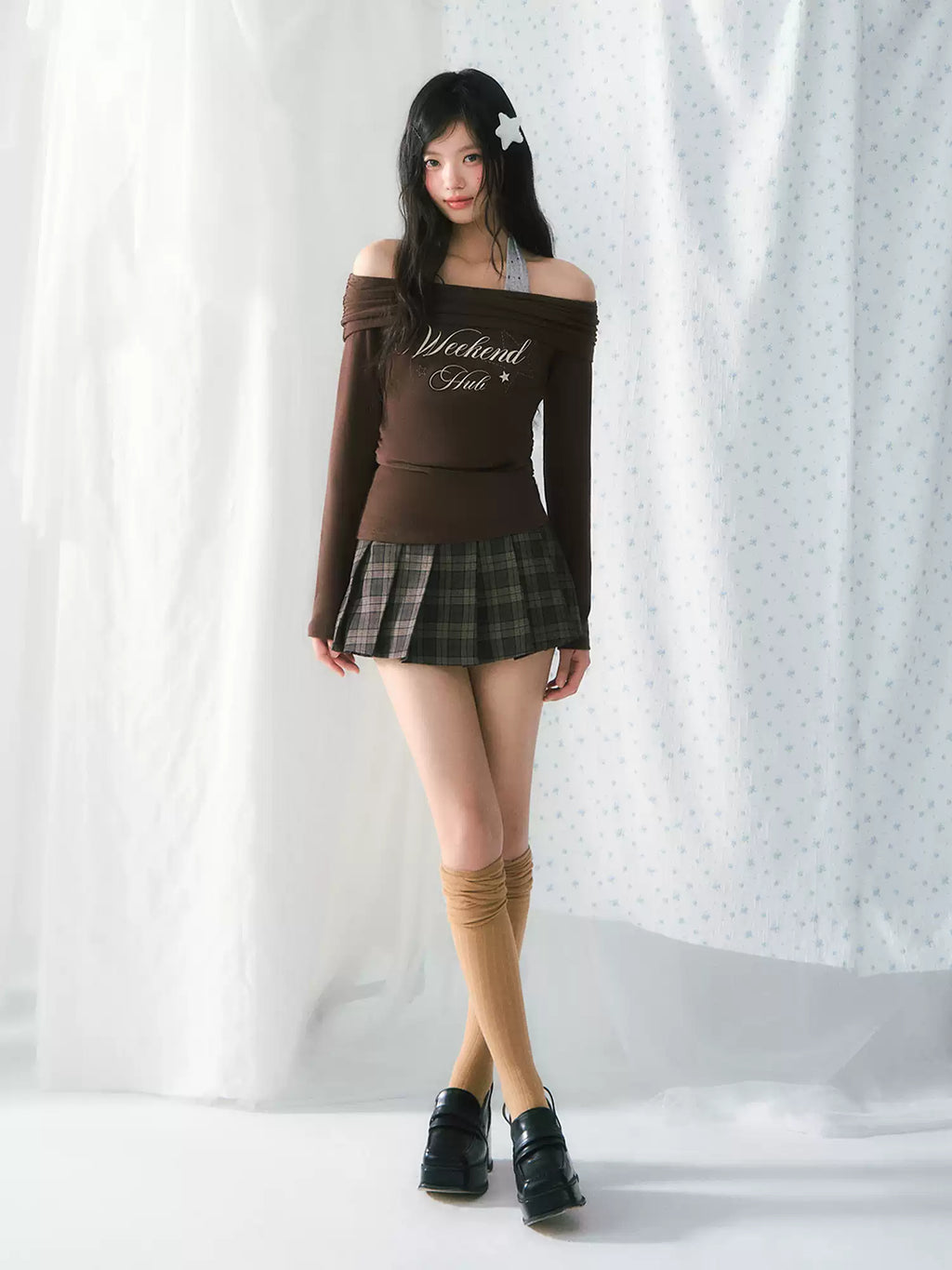 Weekendhub logo long sleeve off-shoulder & halter top set in brown