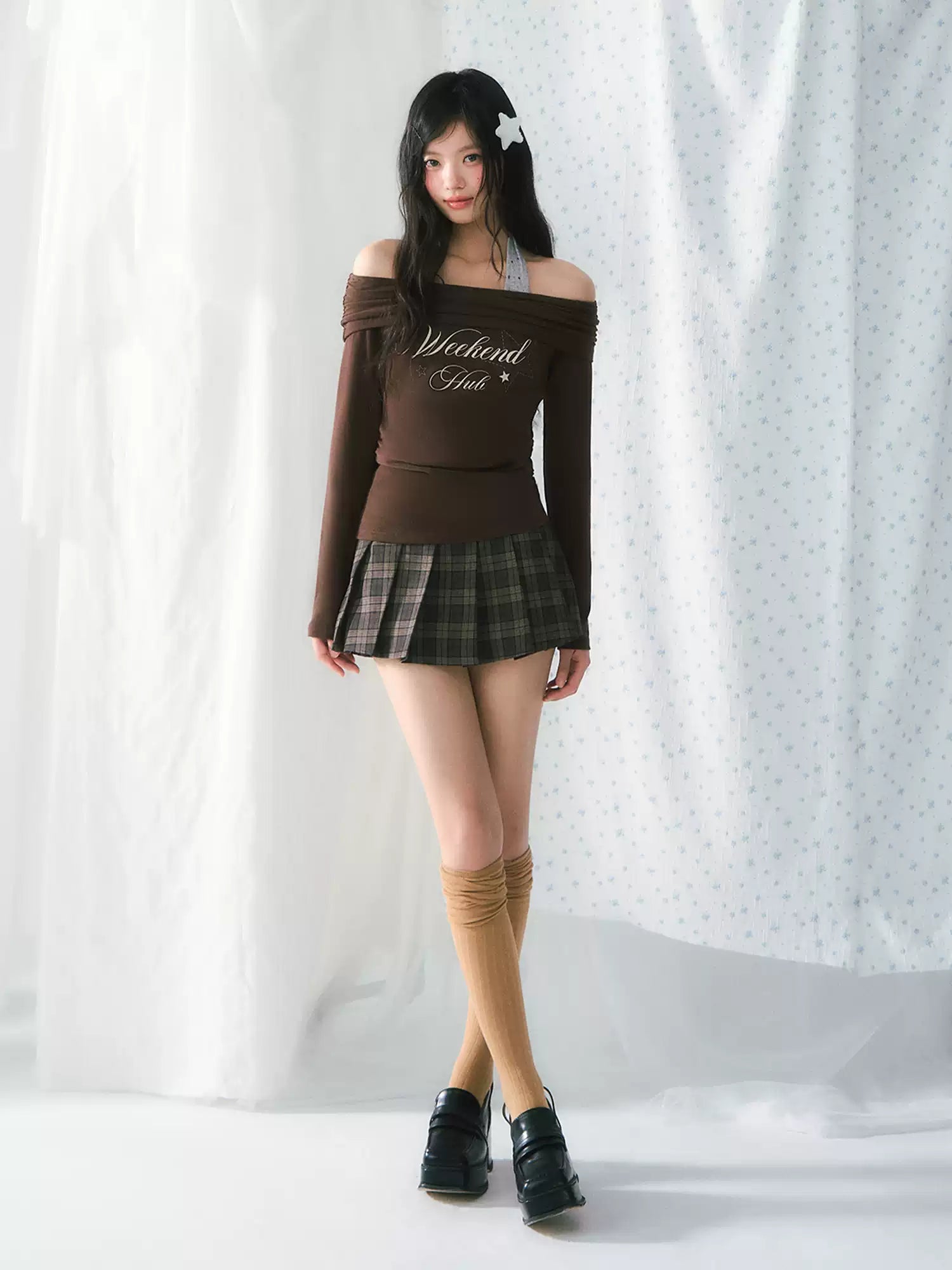 Weekendhub logo long sleeve off-shoulder & halter top set in brown