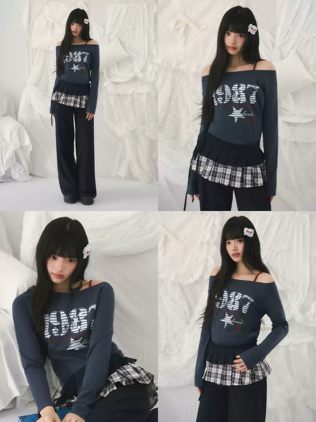Retro number print faux two-piece off-shoulder long sleeve top in navy blue
