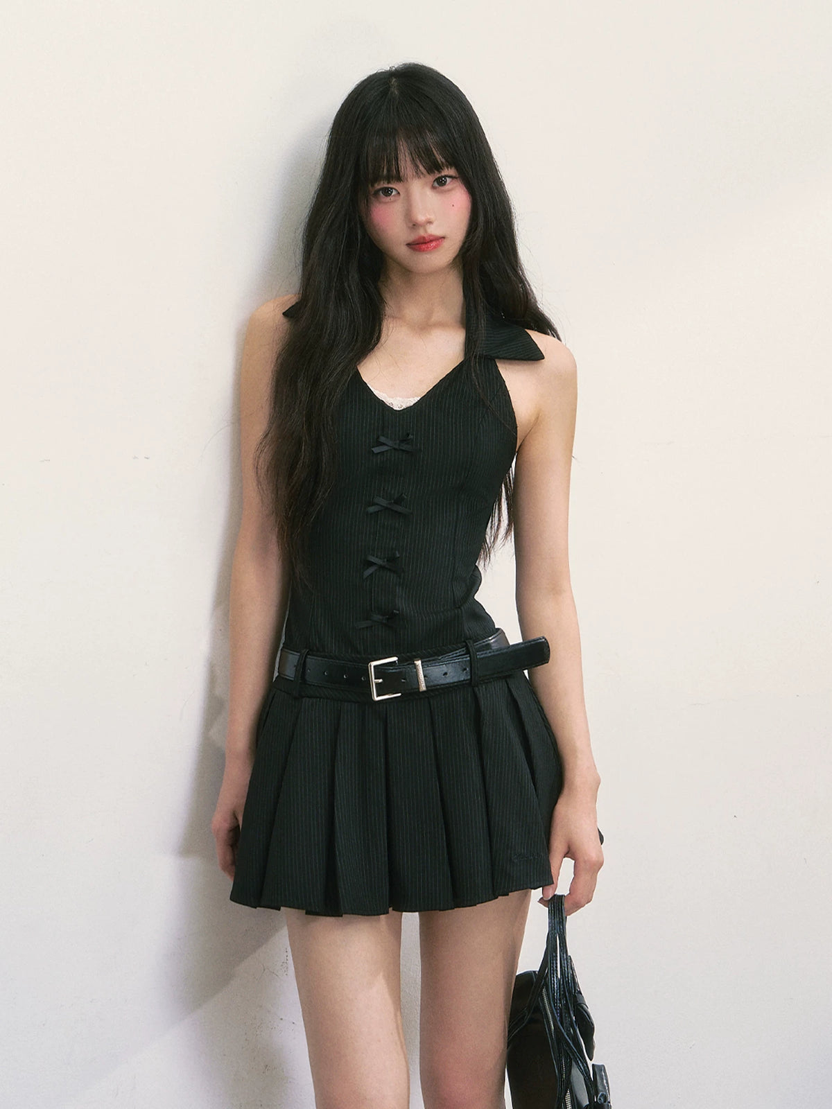 French Style Pleated Halter Neck Dress
