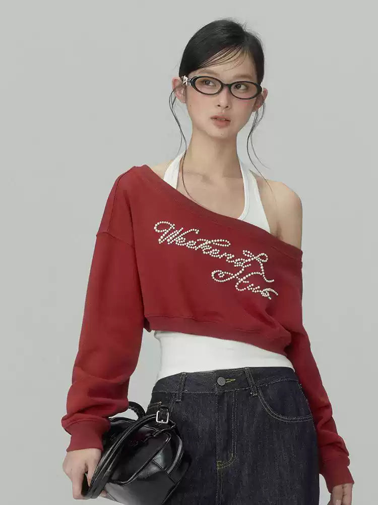 Red off-shoulder cropped faux two-piece sweatshirt