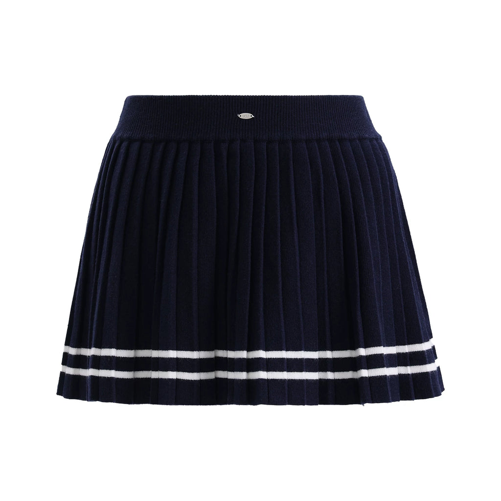 Preppy style knit top & skirt two-piece set in navy blue
