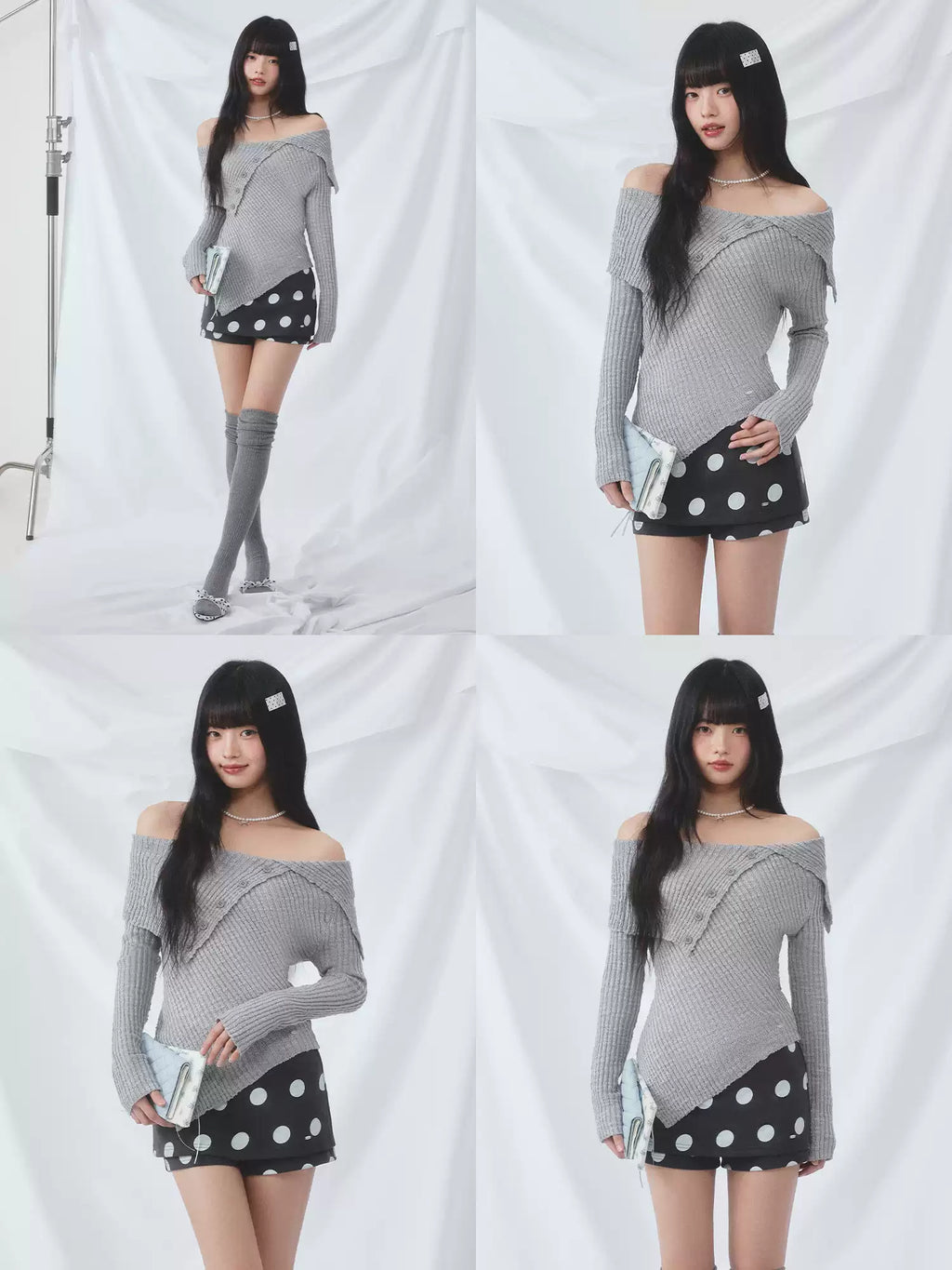 Collar off-shoulder asymmetric knit top in gray