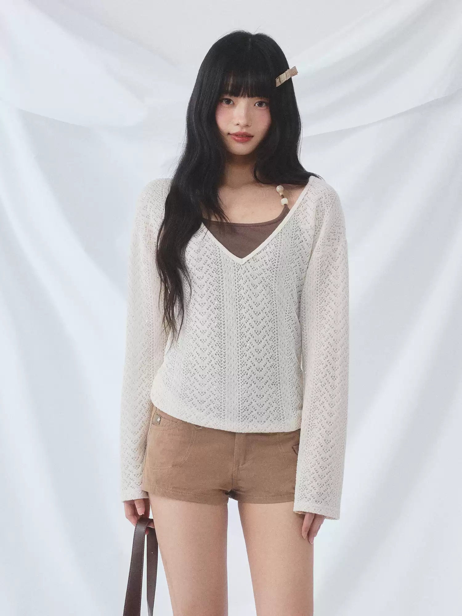 Beaded camisole and v-neck hollow knit set