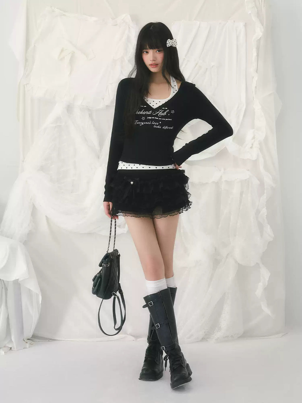 Polka dot halter & long sleeve top set in black