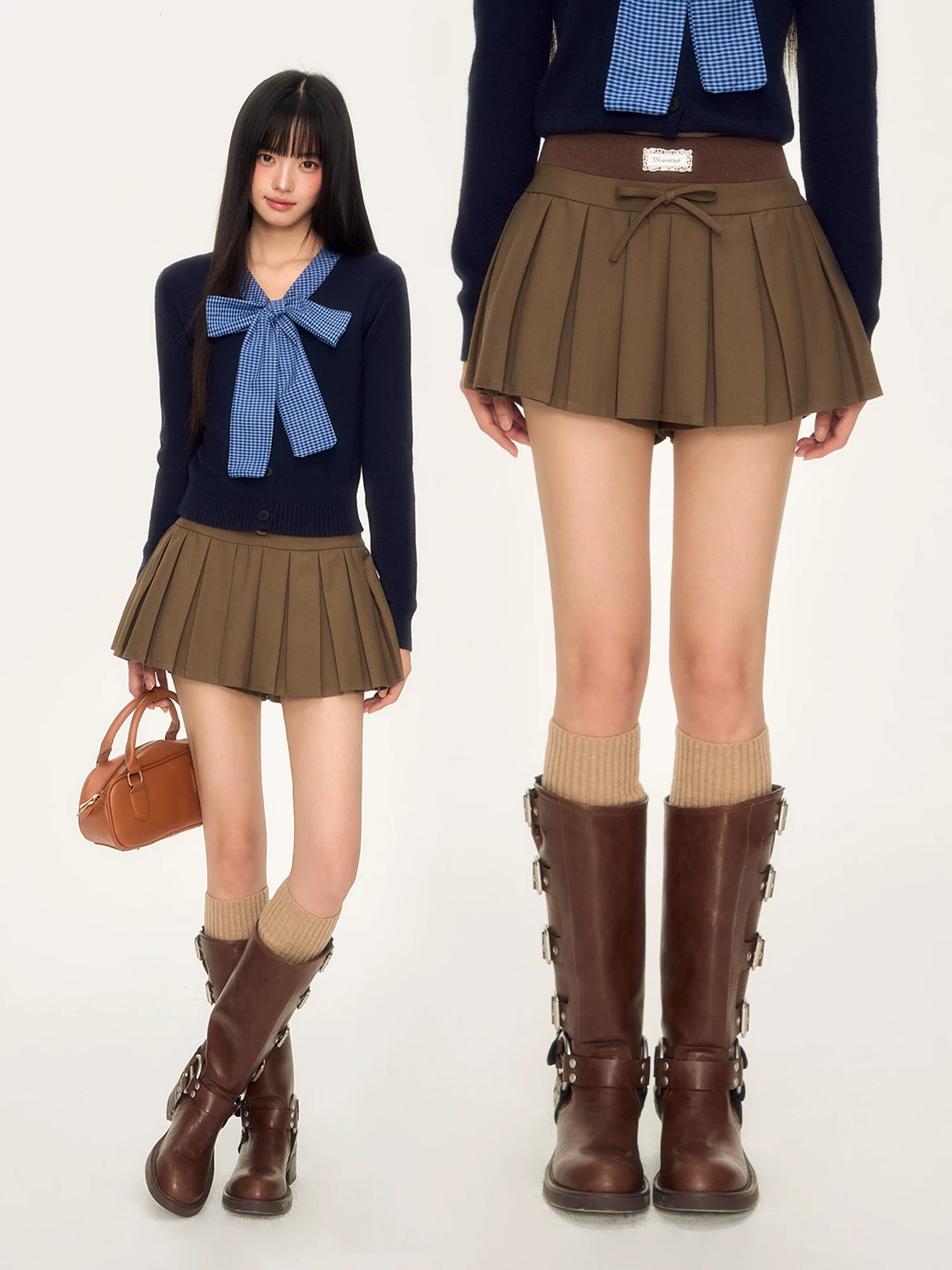 Brown Pleated A-Line Mini Skirt