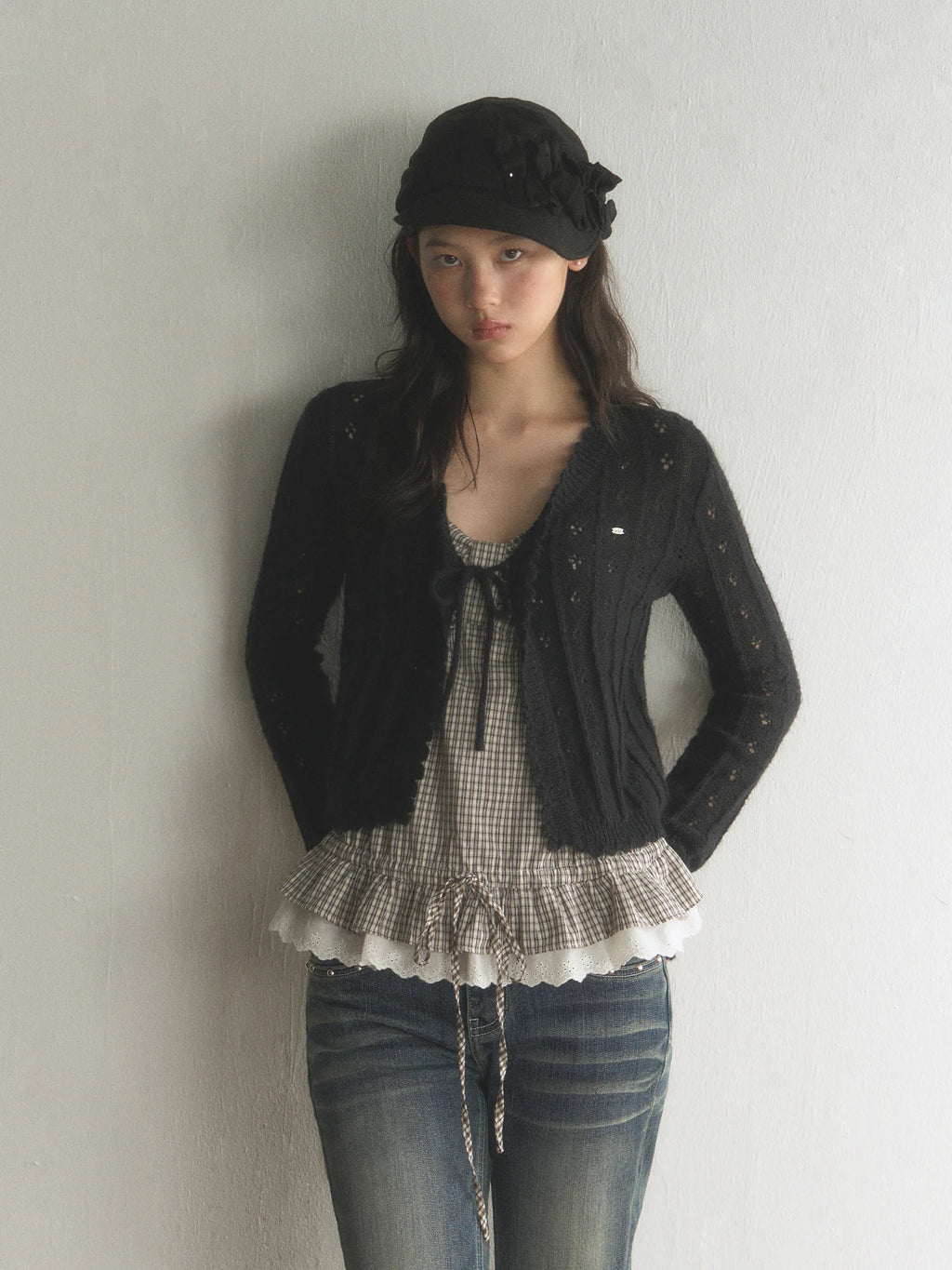 Hollow-Out Ruffled Tie Front Short Knit Cardigan