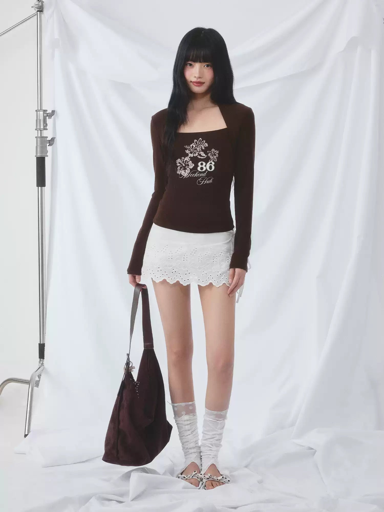 Square neck layered print top in brown