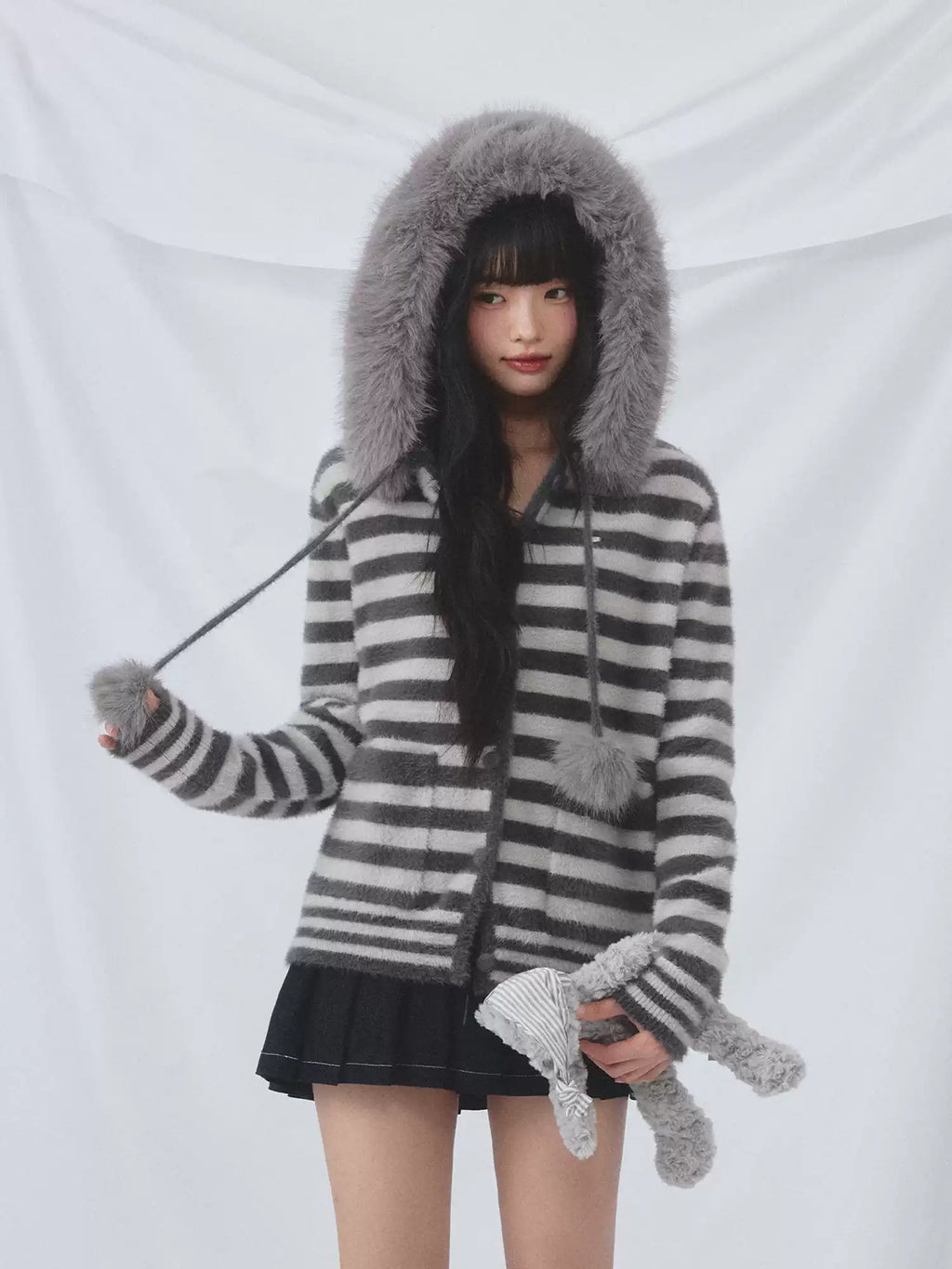 Faux fur collar hooded striped cardigan