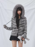Faux fur collar hooded striped cardigan
