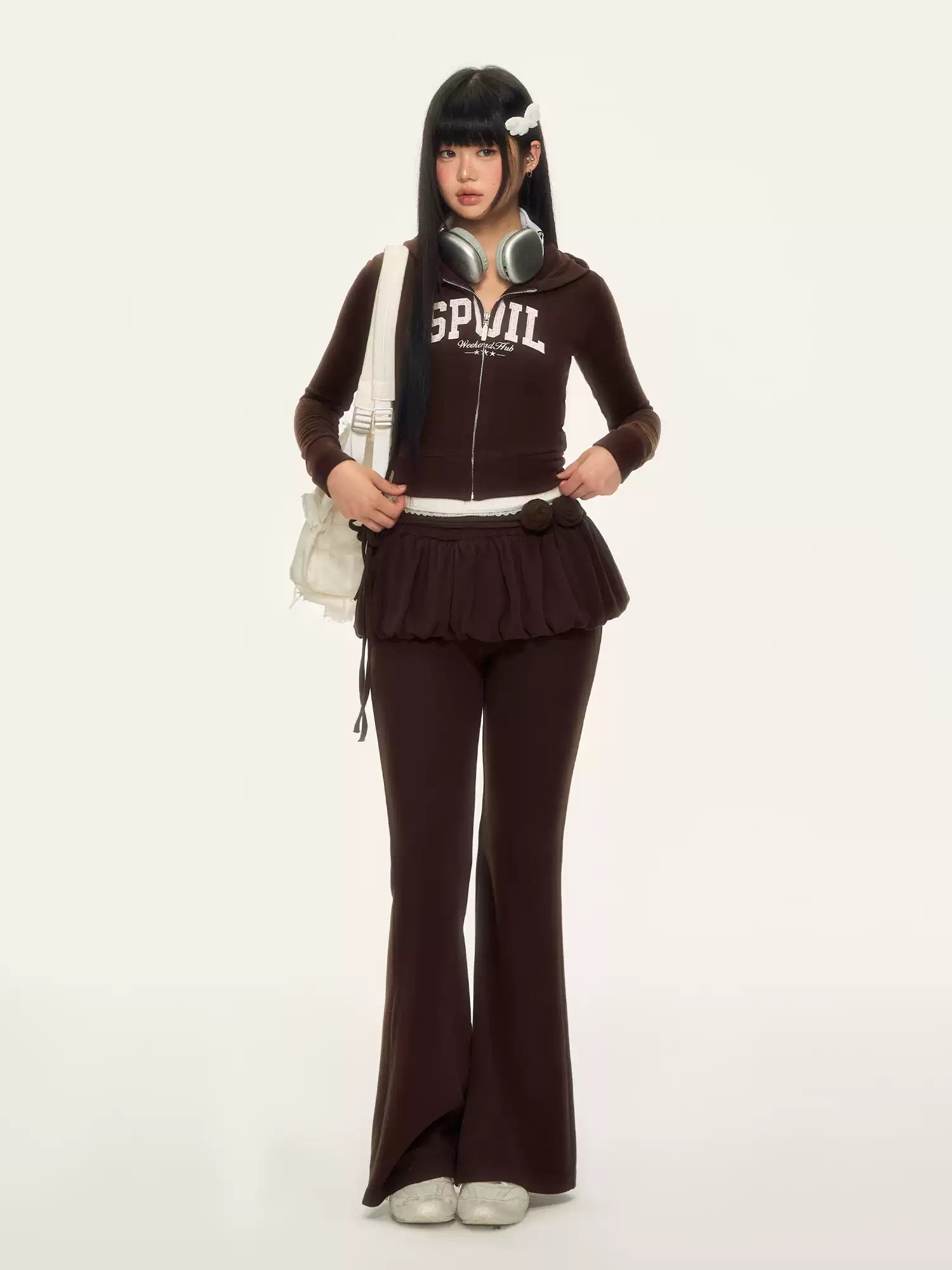 Coffee brown retro rose ribbon flared layered pants