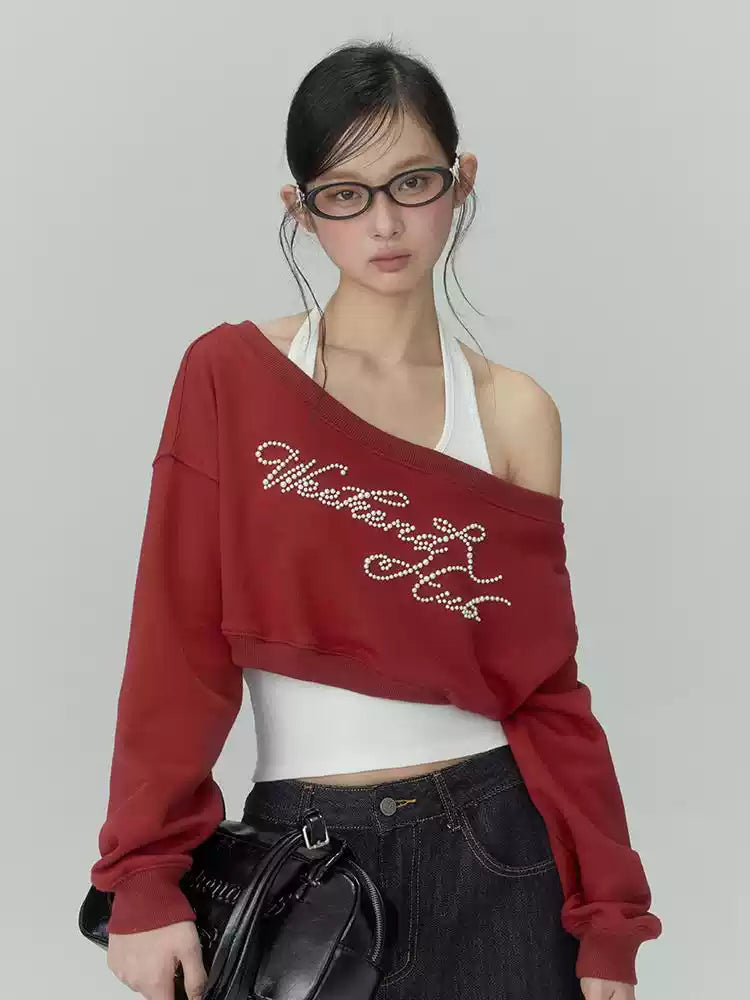 Red off-shoulder cropped faux two-piece sweatshirt