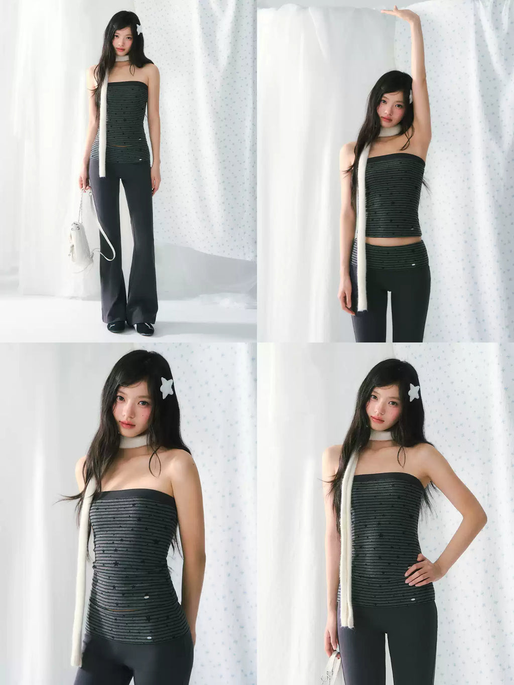 Star print striped tube top in dark gray