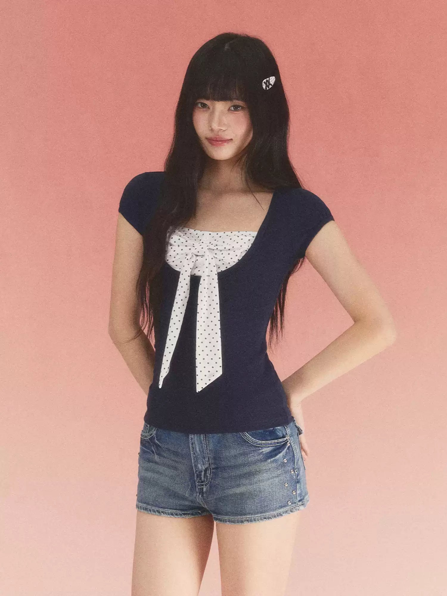 Contrast polka dot bow layered tee
