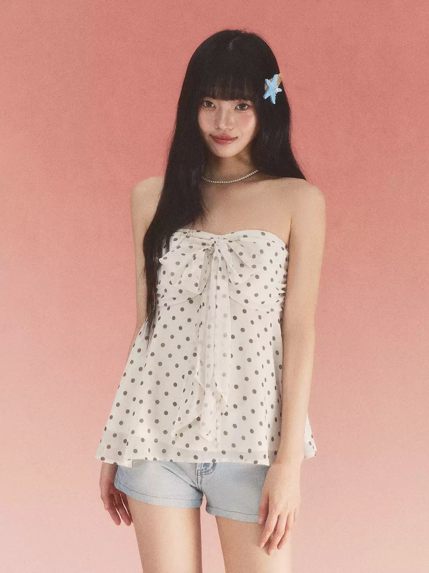 Bow detail polka dot tube top