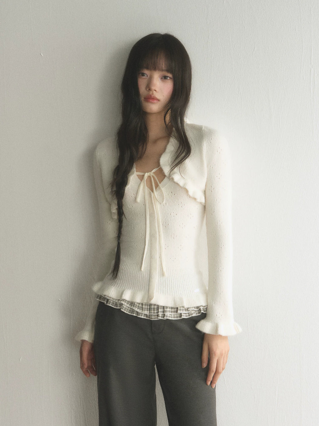 Ruffled Hollow-Out Knit Cardigan & V-Neck Cami Set