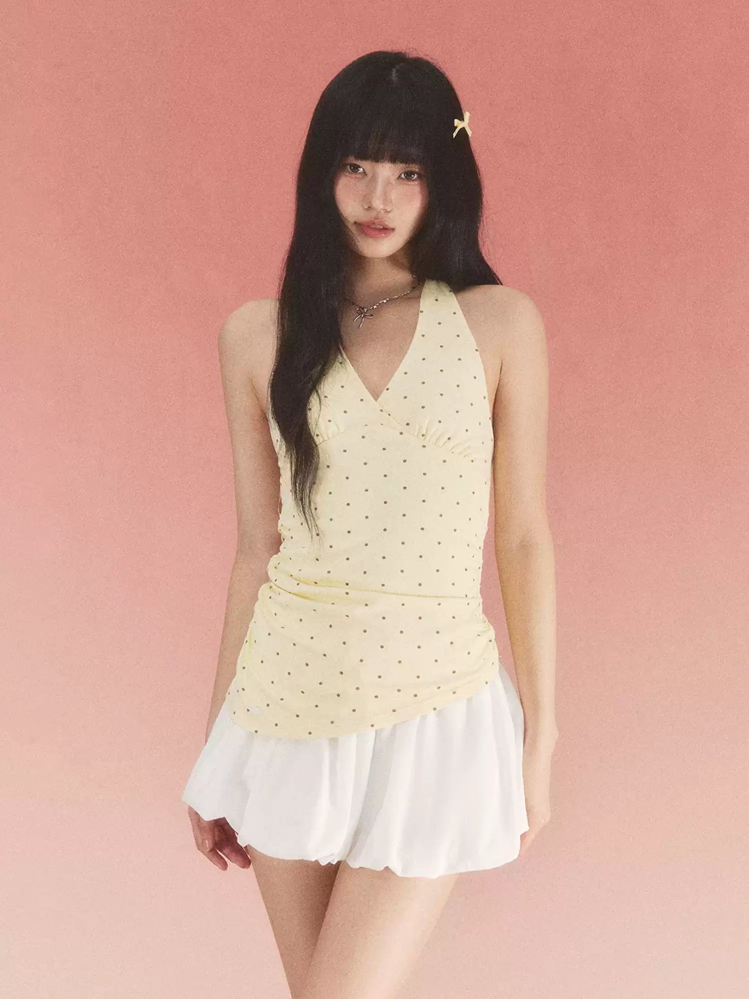 Polka dot halter neck dress in yellow