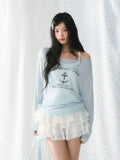 Blue retro print one-shoulder long sleeve top