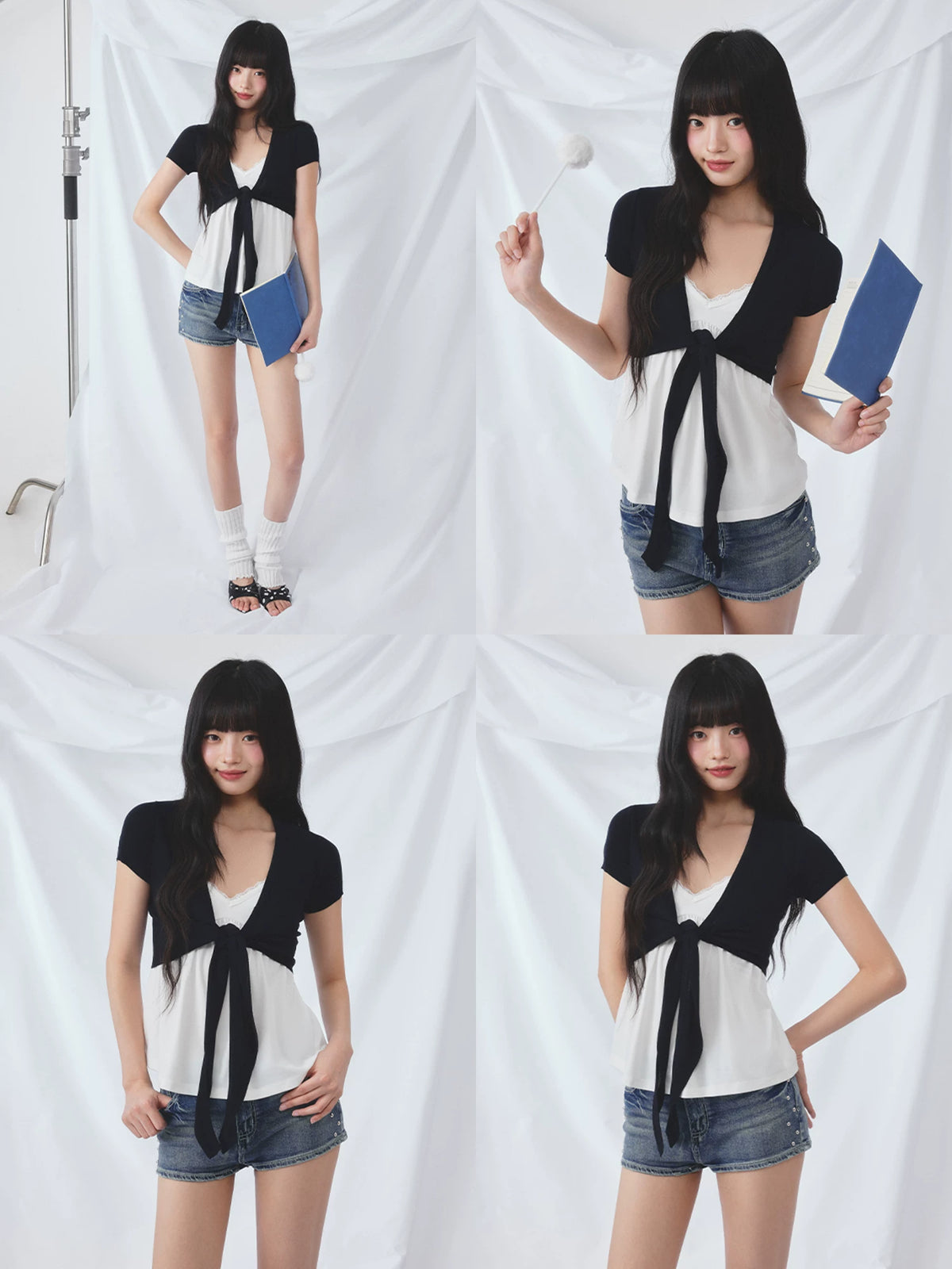 Color-Blocked Tie-Up Cardigan & Camisole Set