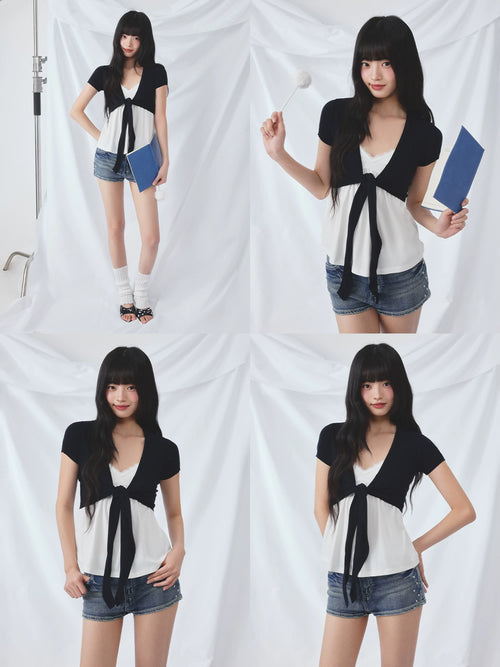 Color-Blocked Tie-Up Cardigan & Camisole Set